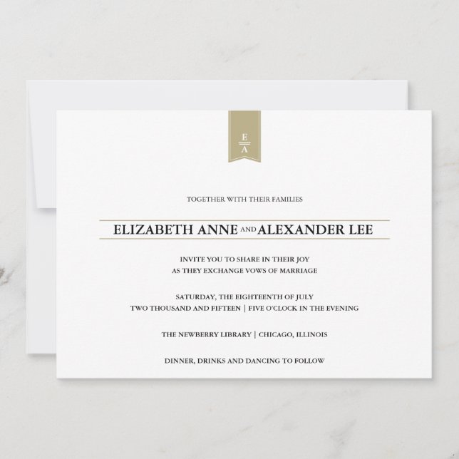 Classic Monograms Gold Wedding Invitation (Front)