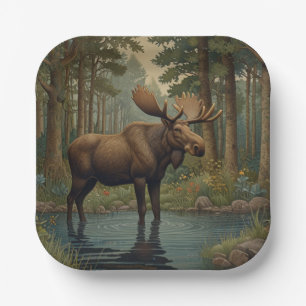 Classic moose boho woodland forest greenery  paper plate