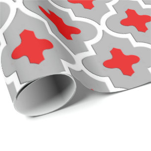 Classic Moroccan Tile, Grey / Grey and Red Wrapping Paper