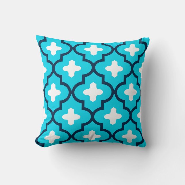 Classic Moroccan Tile, Indigo and Sky Blue Cushion (Front)