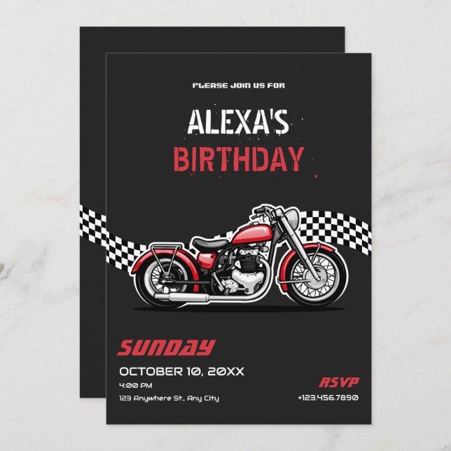 Classic motorbike birthday invitation (Front/Back)