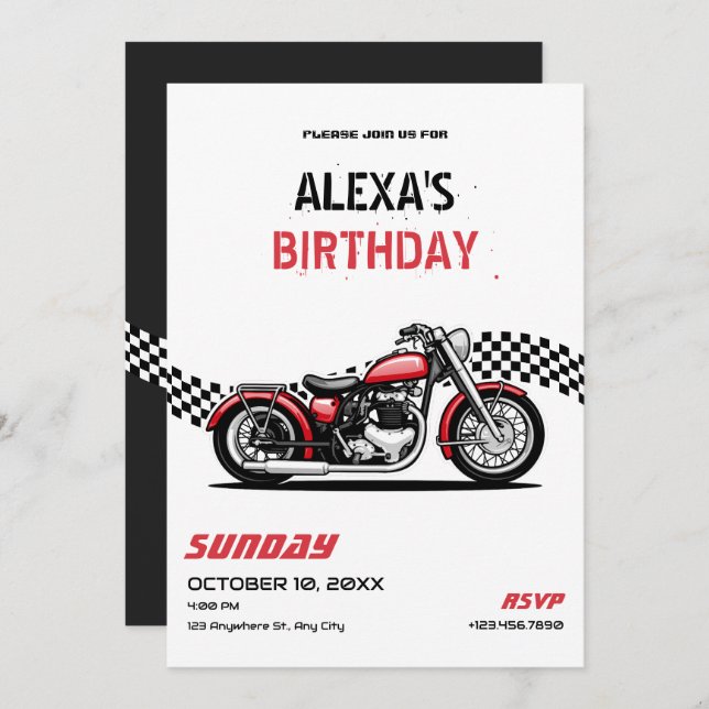 Classic motorbike birthday invitation (Front/Back)