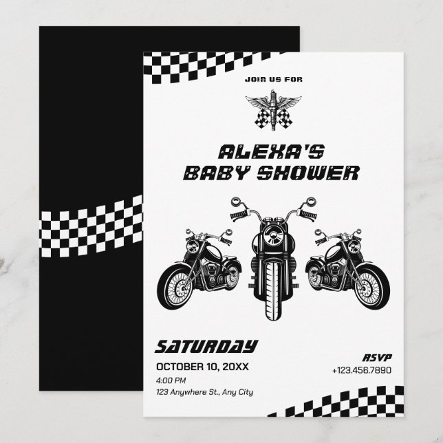 Classic motorbike mechanic baby shower invitation (Front/Back)