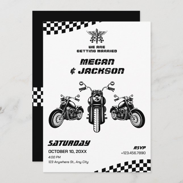 Classic motorbike mechanic wedding invitation (Front/Back)
