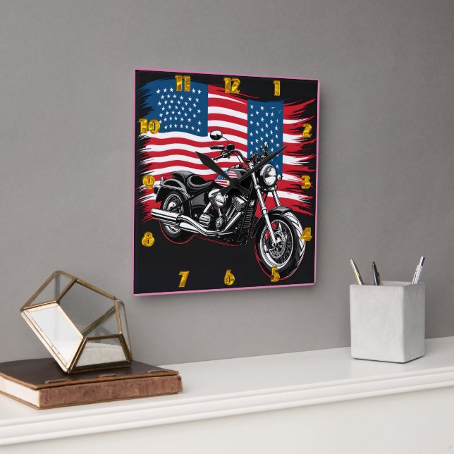 Classic motorcycle adorned with the American flag Square Wall Clock (Office)