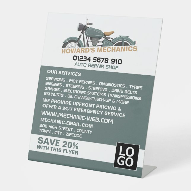 Classic Motorcycle, Auto Mechanic & Repairs Advert Pedestal Sign (Front)