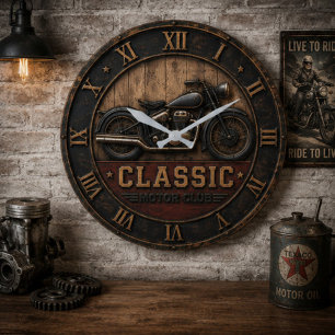 Classic Motorcycle Vintage Motor Club Rustic Large Clock