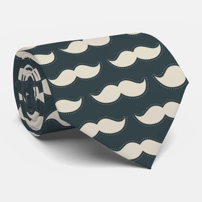 Classic Moustache Pattern on Black Tie (Rolled)
