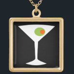 Classic Movie Martini Necklace (black)<br><div class="desc">This Classic Movie Martini Necklace features a black background and the image of a white silhouette of a martini glass. Inside the glass is a glorious green olive with an orange pimento. This is a fun necklace for everyone who wishes they were a character in a classic movie. Shaken not...</div>