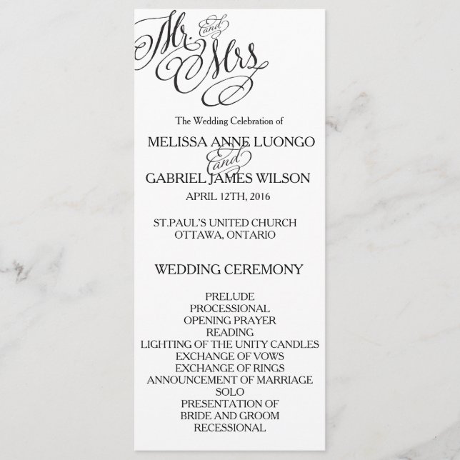 Classic Mr. & Mrs. Wedding Program Programme (Front)