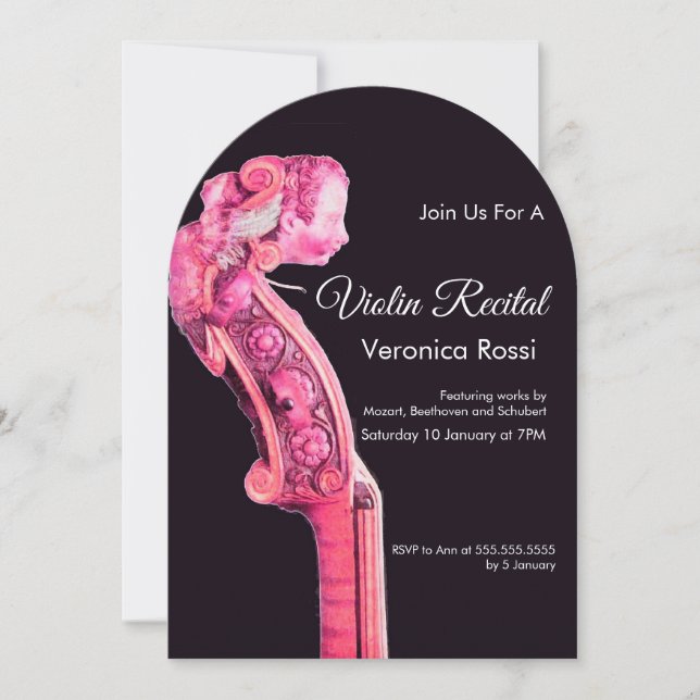 CLASSIC MUSIC CONCERT,RECITAL Violin Scroll Pink Invitation (Front)