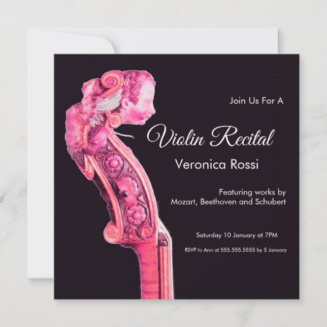 CLASSIC MUSIC CONCERT,RECITAL Violin Scroll Pink Invitation (Front)