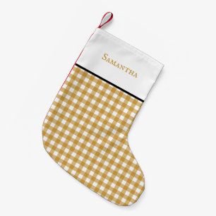 Classic Mustard colour gingham plaid with name Small Christmas Stocking