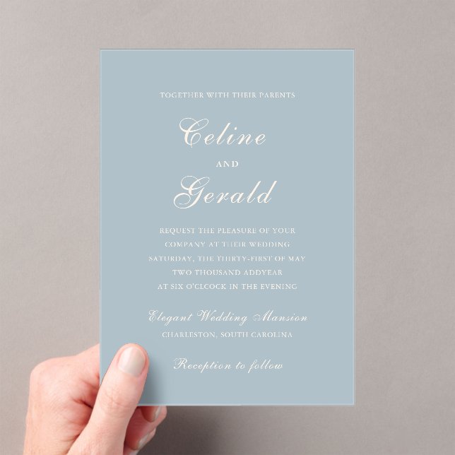 Classic Muted Blue Elegant Wedding Acrylic Invitations (Insitu (Handheld))