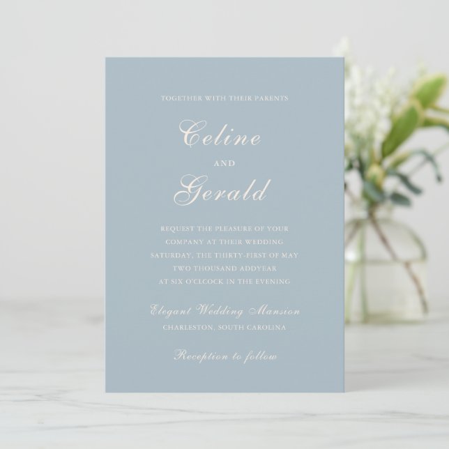 Classic Muted Blue Elegant Wedding Invitation (Standing Front)