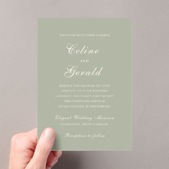 Classic Muted Green Elegant Wedding Acrylic Invitations (Insitu (Handheld))