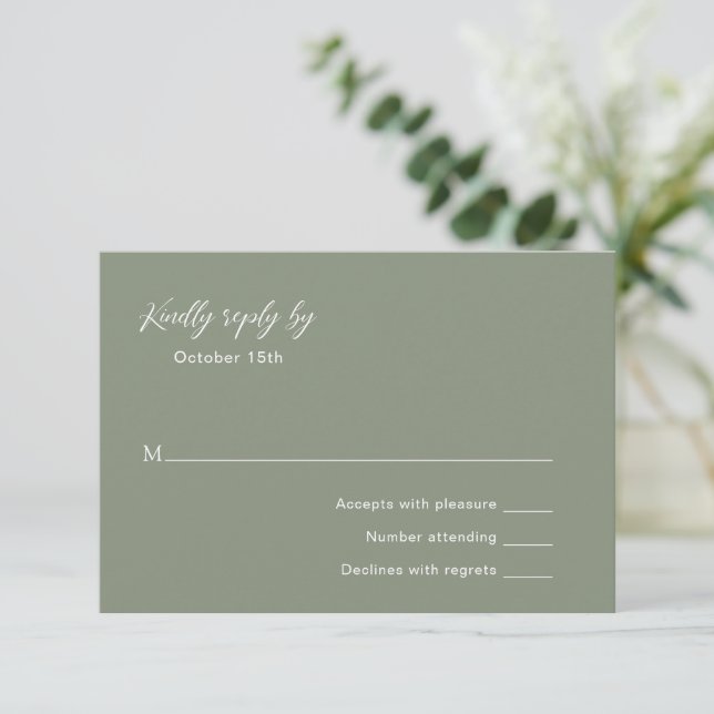 Classic Muted Green Elegant Wedding RSVP Card (Standing Front)