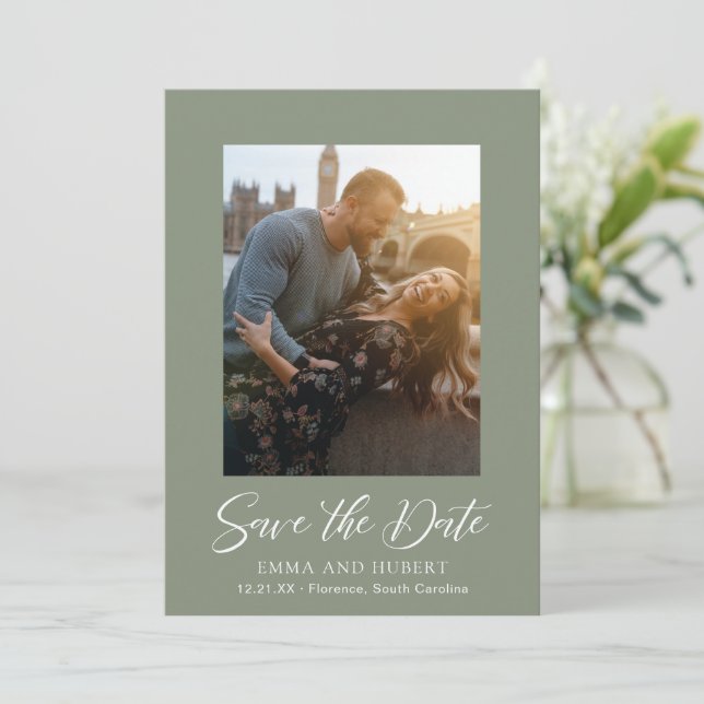 Classic Muted Green Photo Elegant Wedding Save The Date (Standing Front)
