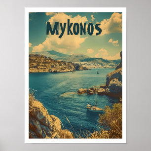 Classic Mykonos Greece Retro Vintage Travel Poster