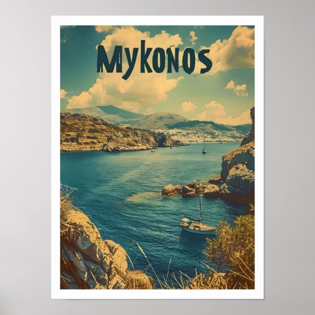 Classic Mykonos Greece Retro Vintage Travel Poster (Front)