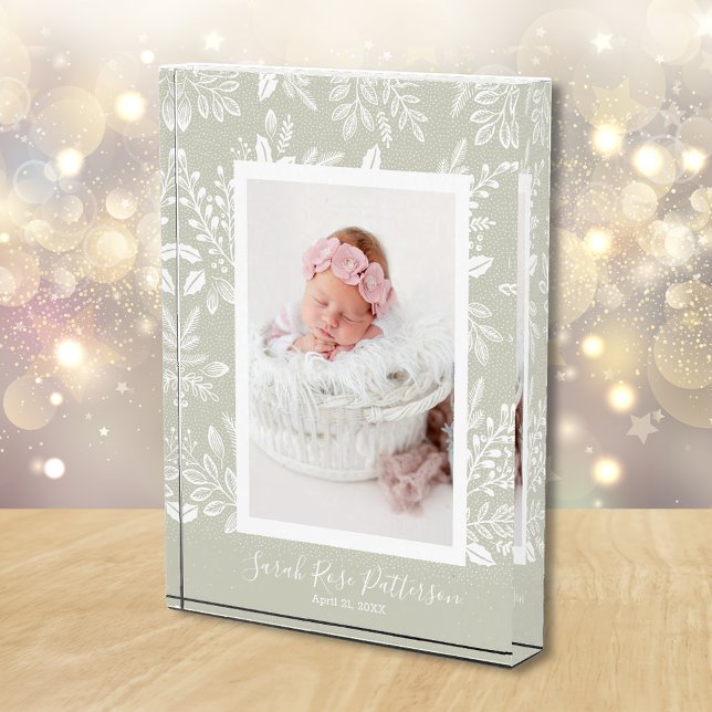Classic Name Custom Photo Block (White leaves and dots on sage green surround your favorite photo on an acrylic block)