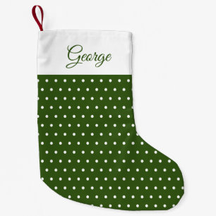 Classic Name Dark Forest Green and White Polka Dot Small Christmas Stocking