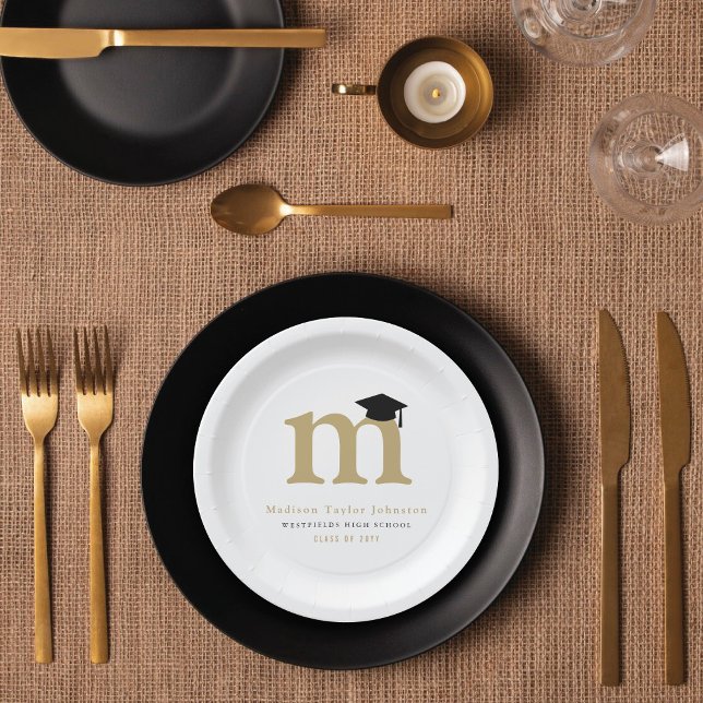 Classic Name Monogram Modern Minimalist Grad Party Paper Plate (Simple Classic Graduate's Monogram Modern Graduation Party Paper Plate @ zazzle.com/color_therapy)