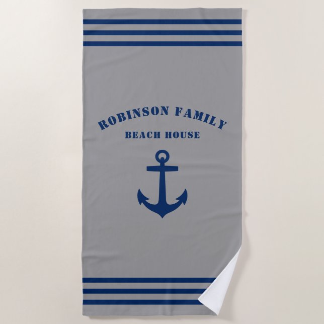 Classic Nautical Anchor Family Beach House Beach Towel (Front)