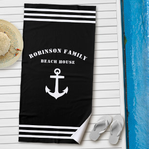 Classic Nautical Anchor Family Beach House Black Towel