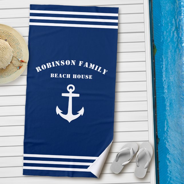 Classic Nautical Anchor Family Beach House Navy Towel (Creator Uploaded)