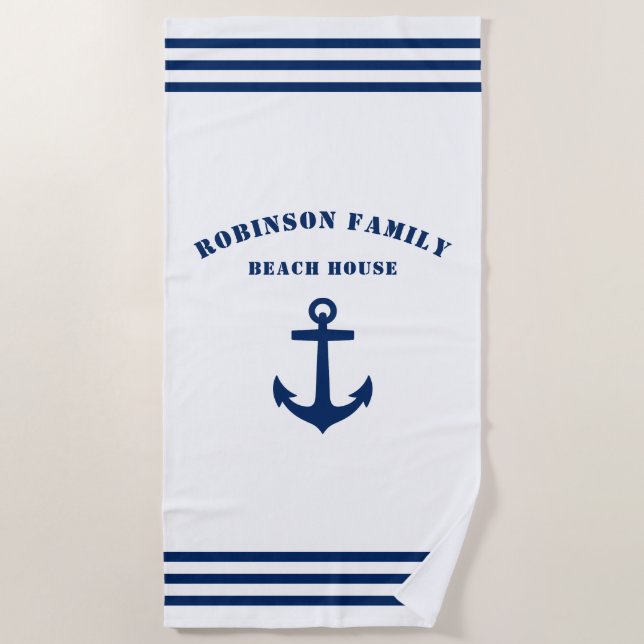 Classic Nautical Anchor Family Beach House White Beach Towel (Front)