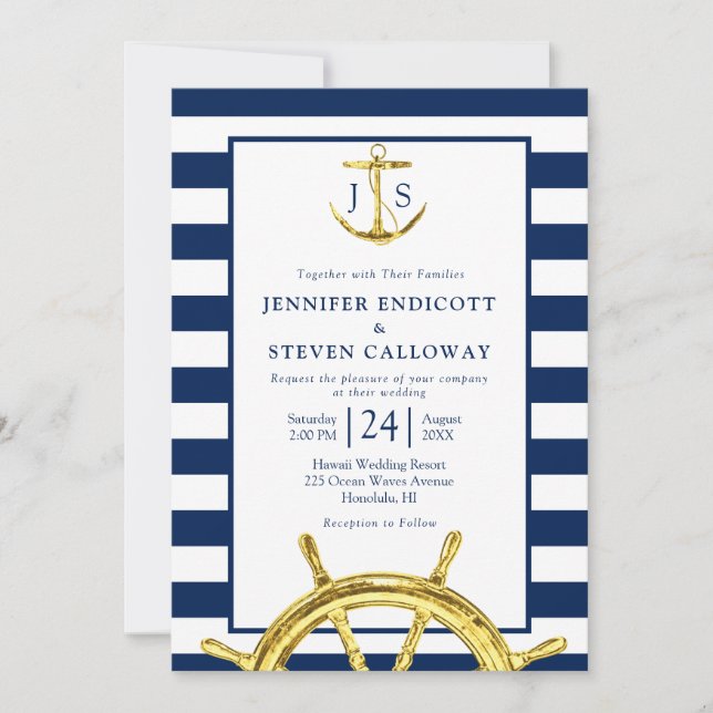 Classic Nautical Navy Blue and Gold Wedding Invitation (Front)