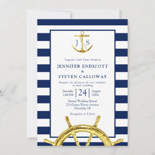 Classic Nautical Navy Blue and Gold Wedding Invitation