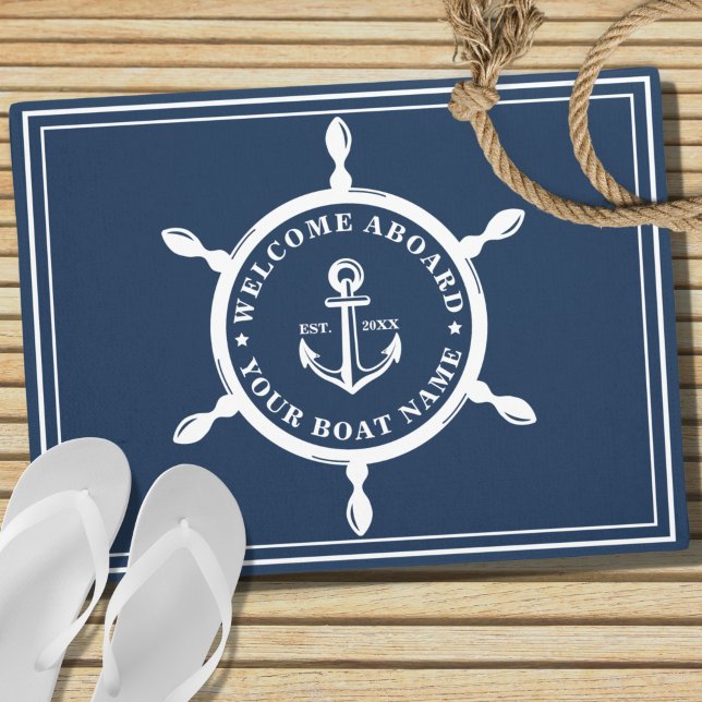 Classic Nautical Navy Blue Custom Boatname Anchor  Doormat (Creator Uploaded)