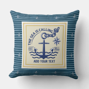 Classic Nautical Navy Blue & Gold Anchor Striped Cushion