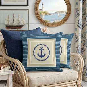 Classic Nautical Navy Blue & Gold Anchor Striped Cushion
