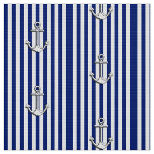 Classic Nautical Navy Blue Stripes and Anchors Fabric