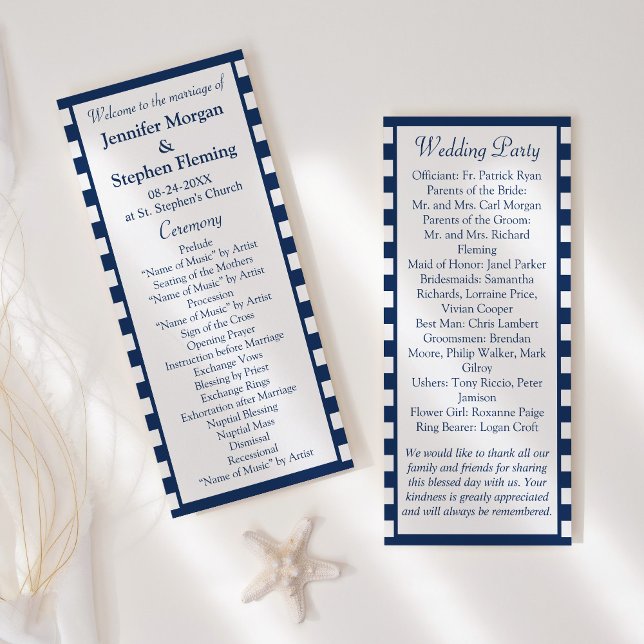 Classic Nautical Navy Blue Stripes Wedding Programme (Creator Uploaded)