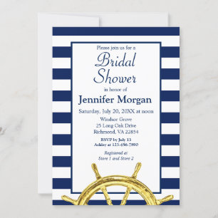 Classic Nautical Stripes Navy Gold Bridal Shower Invitation