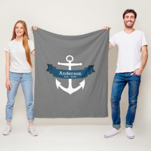 Classic Nautical White Anchor & Navy Blue Ribbon Fleece Blanket