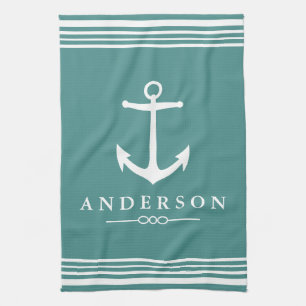Classic Nautical White Stripes & Anchor Tea Towel