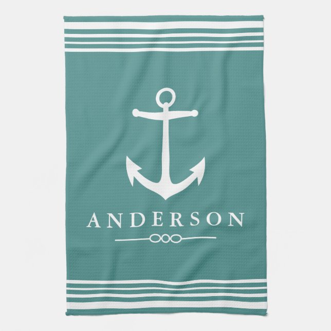 Classic Nautical White Stripes & Anchor Tea Towel (Vertical)