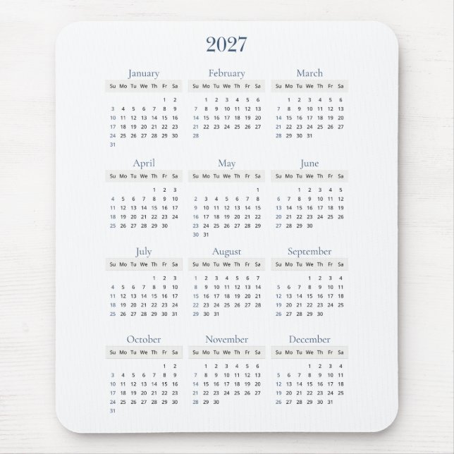 Classic Navy 2027 Calendar | Any background colour Mouse Mat (Front)