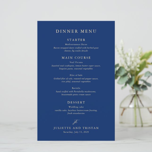 Classic Navy and Cream Elegant Wedding Menu (Standing Front)