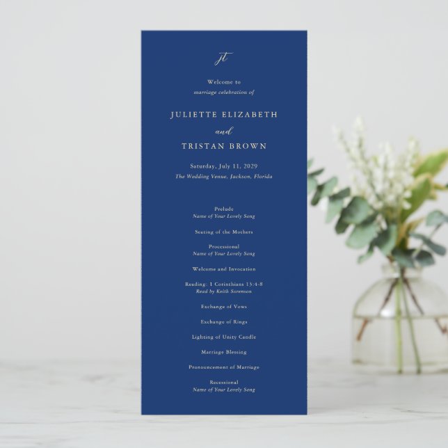 Classic Navy and Cream Elegant Wedding Programme (Standing Front)