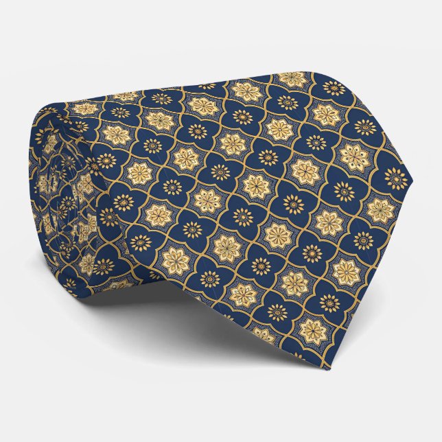 Classic Navy and Gold Tile Pattern Tie (Rolled)