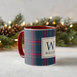 Classic Navy and Red Plaid Family Name Monogram Mug