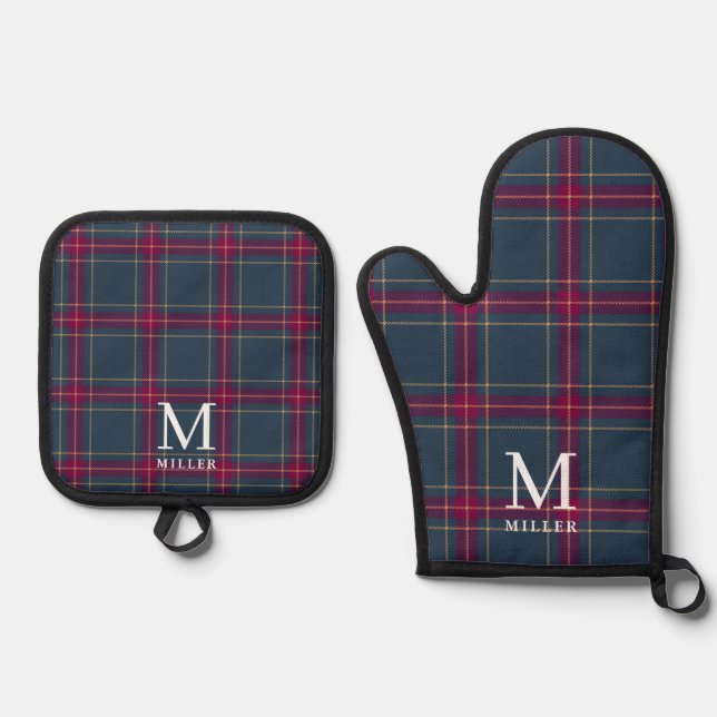 Classic Navy and Red Tartan Plaid Christmas  Oven Mitt & Pot Holder Set (Front)