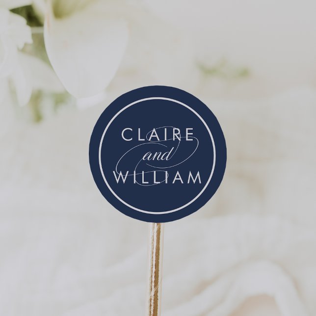 Classic Navy and White Personalised Wedding Round Sticker (Creator Uploaded)