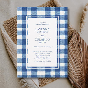 Classic Navy Baby Blue Plaid Gingham Wedding Invitation
